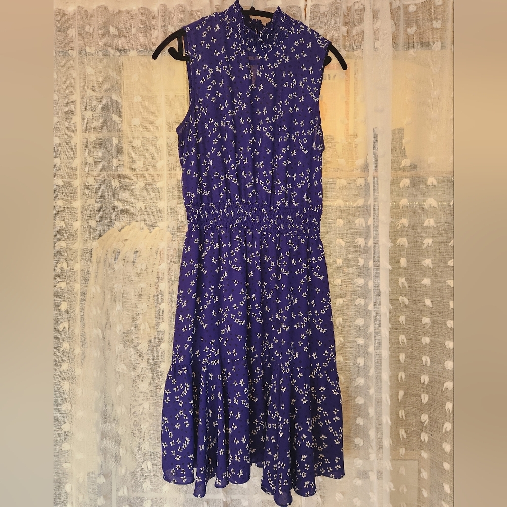 Nanette Lepore Midi Floral Dress, Size 12, High Neck, Cobalt Blue/White/Black